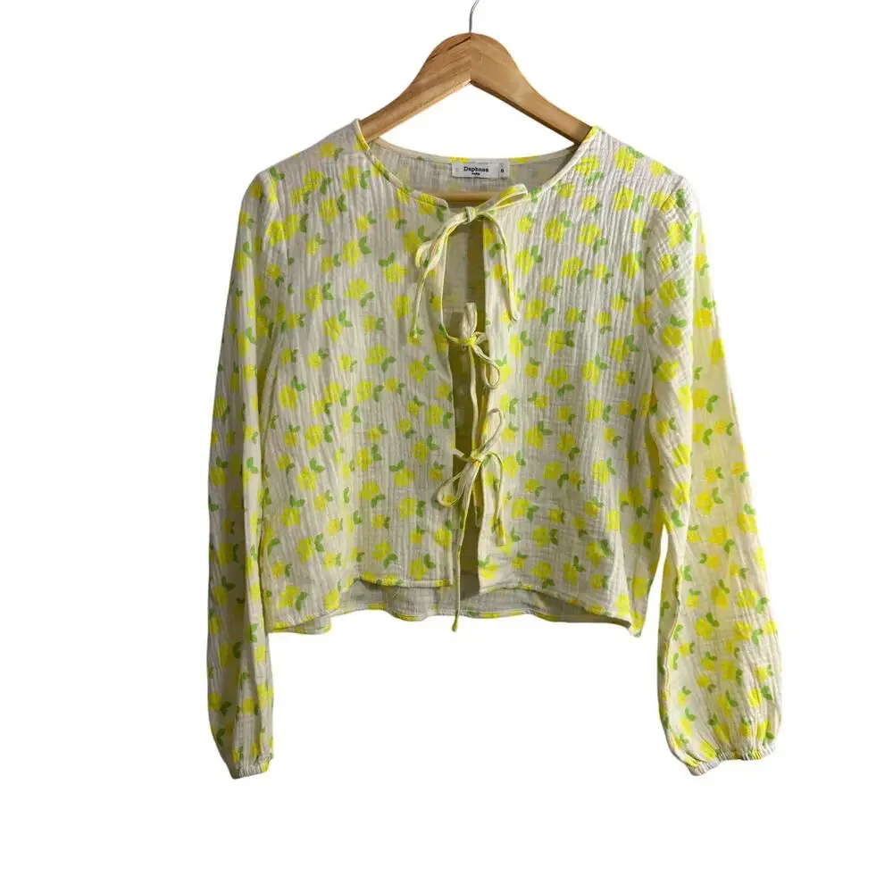 Daphnea Paris Tie Front Slub Cotton Floral Top Size Small - Picture 1 of 4